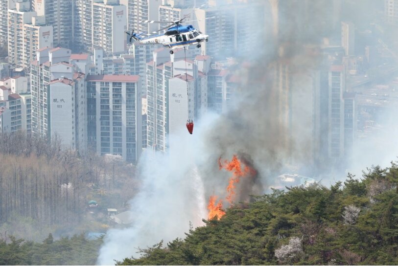 آتش سوزی گسترده در جنگل مرکزی سئول/ تخلیه ۱۲۰ خانه