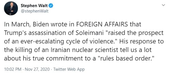 واکنش بایدن به ترور دانشمند ایرانی نشان دهنده میزان تعهد او به “نظم مبتنی بر قوانین” خواهد بود