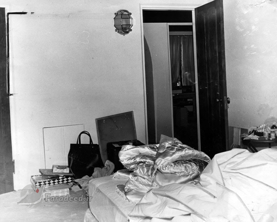 نمایی از اتاق خواب مرلین مونرو که جسد بی جان او در آن پیدا شد. آگوست 1962